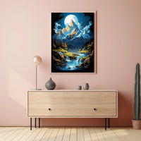Enchanted Moonlit Mountain Landscape Fantasy Art Poster