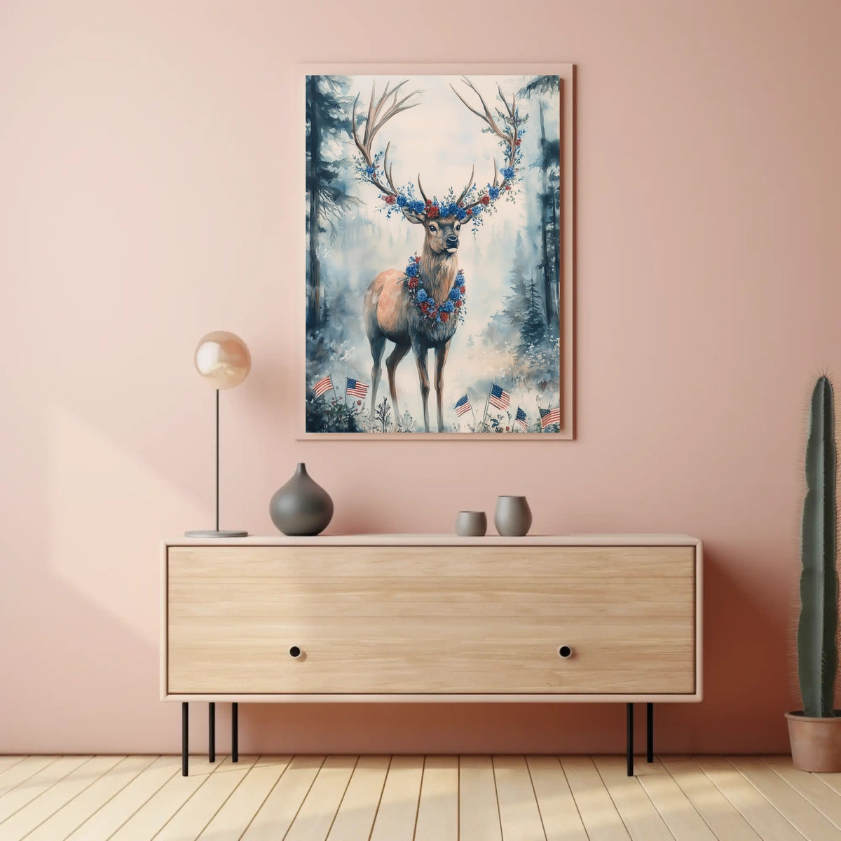 Deer With Antlers Adorned In Blue And Red Garland Poster