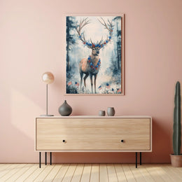 Deer With Antlers Adorned In Blue And Red Garland Poster