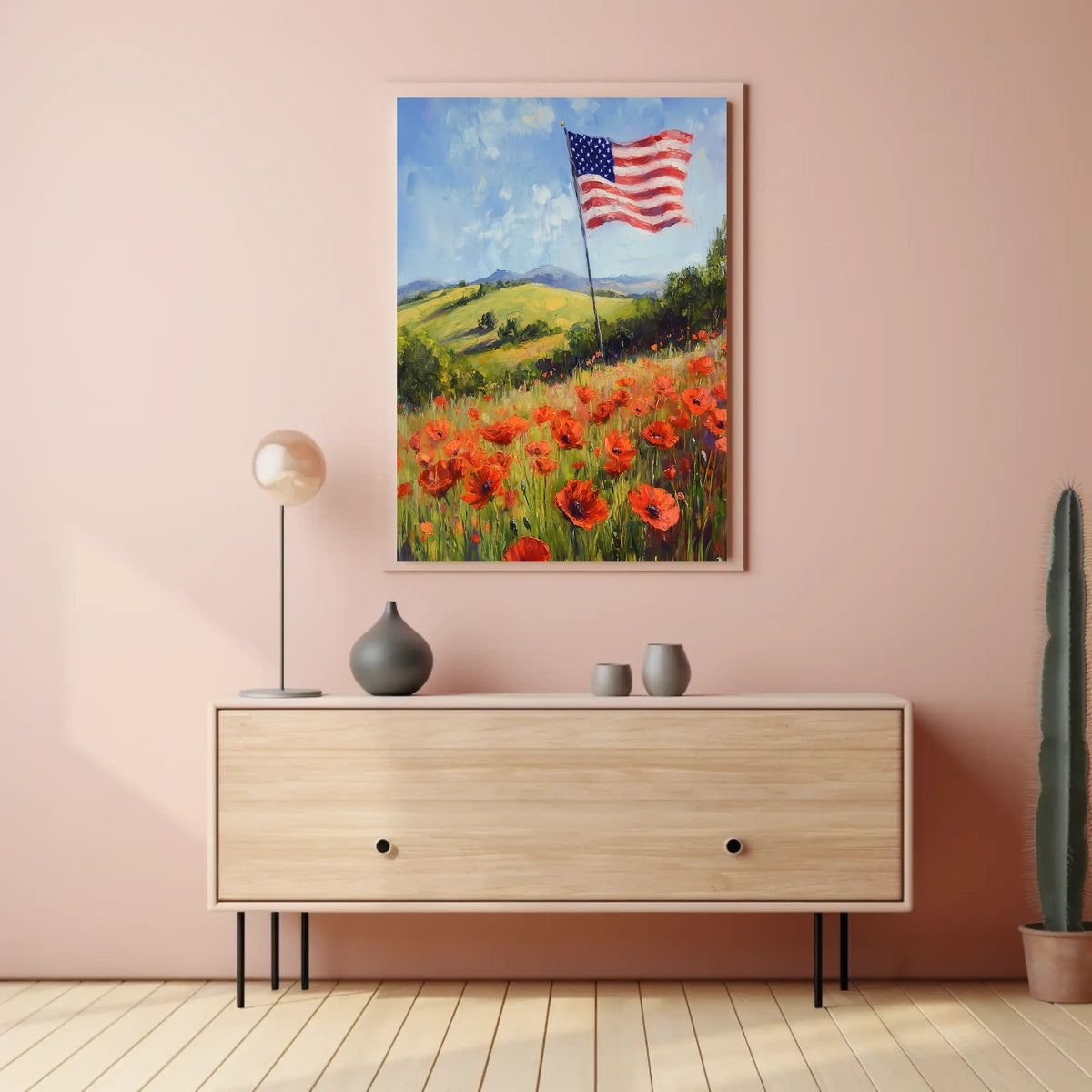 peaceful field of poppies with one large American flag Poster