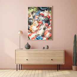 Patriotic Cats Lounging On American Flag Blanket Poster