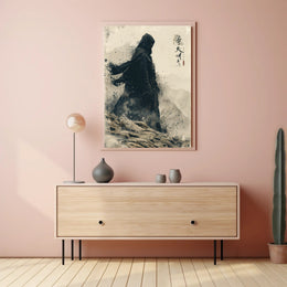 Mystical Hooded Figure in Rugged Landscape Artistic Poster PosterGoat