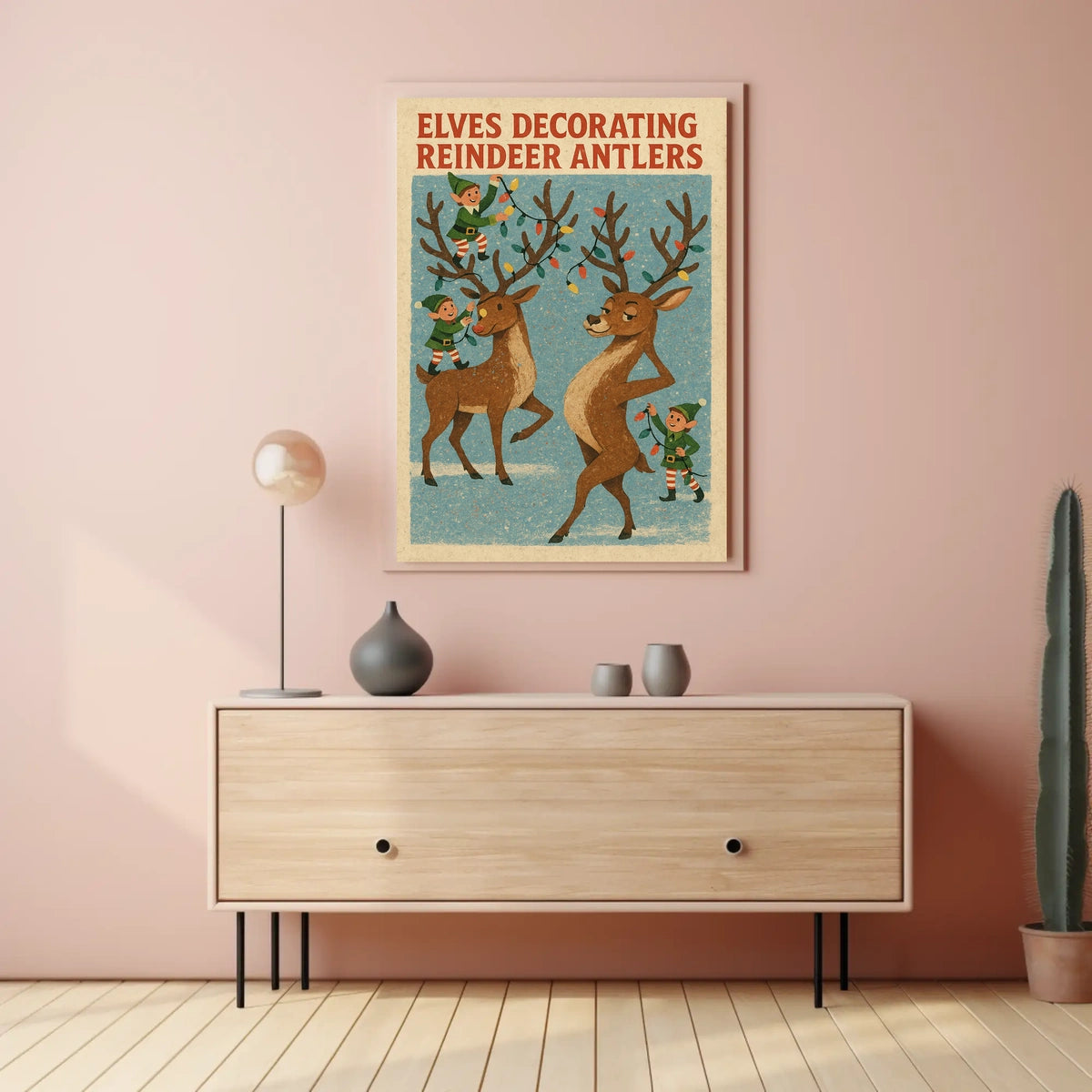 Elves Decorating Reindeer Antlers Poster