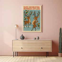 Elves Decorating Reindeer Antlers Poster