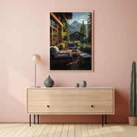 Serene Mountain Retreat Photorealistic Travel Poster