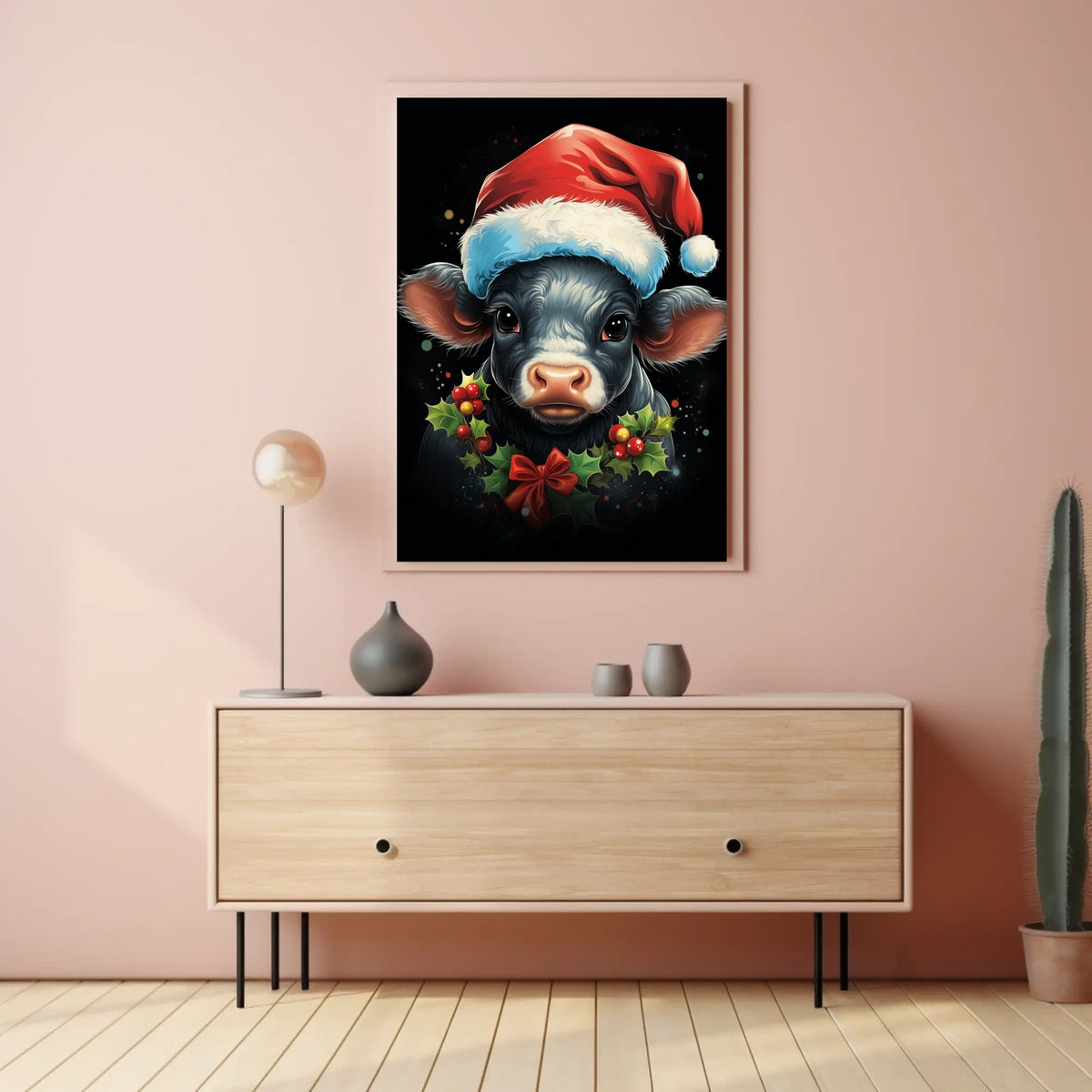 Festive Calf Christmas Poster with Santa Hat