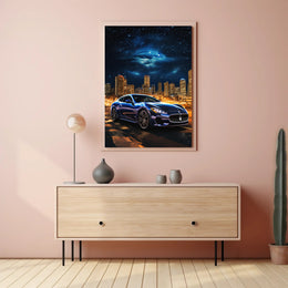 Luxury Maserati in Urban Skyline Futuristic Sci-Fi Poster