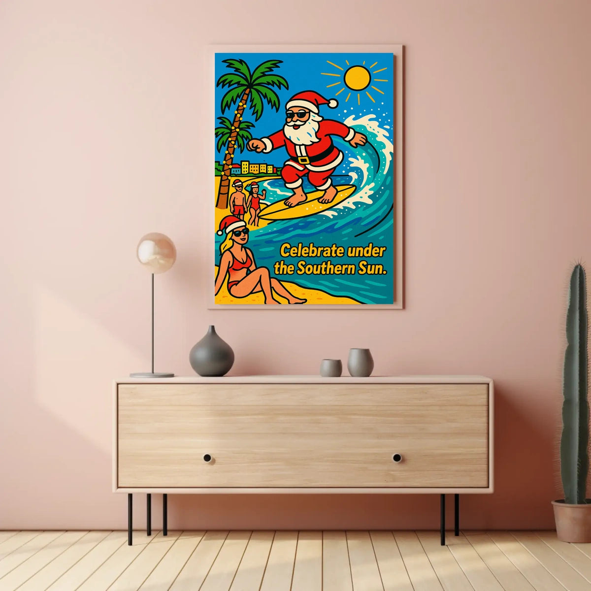 Surfing Santa Vintage Southern Sun Coastal Holiday Nostalgia Seaside Retro Beach Poster