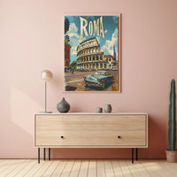 Vintage Rome Colosseum Scene with Classic Car Travel Poster
