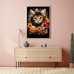 Charming Cat and Flowers Modern Art Poster
