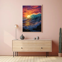 Dramatic Ocean Wave Sunset Scene Artistic Poster