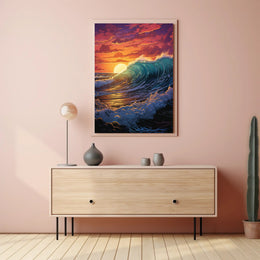 Dramatic Ocean Wave Sunset Scene Artistic Poster