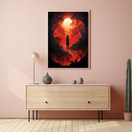 Wandering Traveler in Fiery Fantasy Landscape Poster