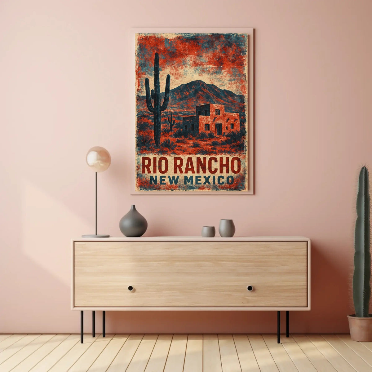 Desert Landscape New Mexico Vintage Travel Aesthetic Rustic Sunlit Dunes Nostalgia Retro 80s Folk Art Poster