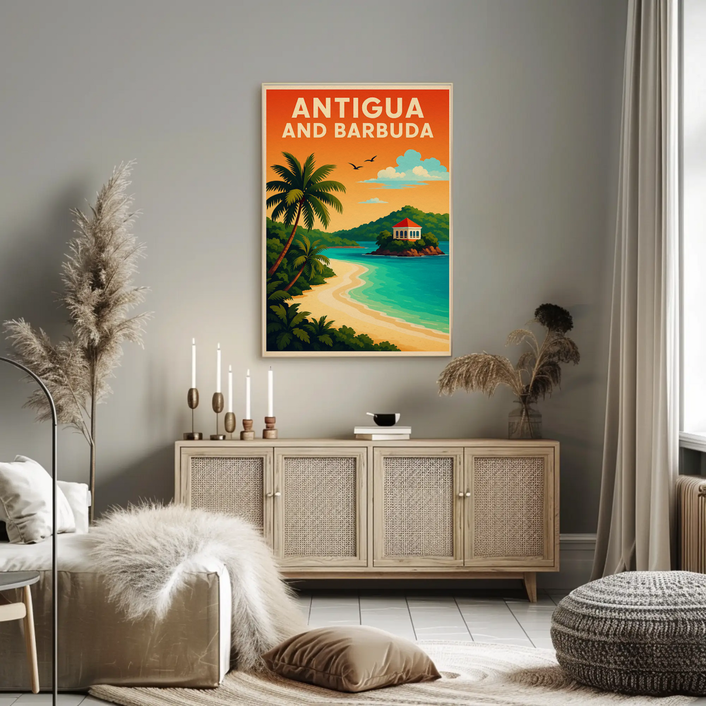 Antigua And Barbuda Caribbean Beach Sunset Travel Poster