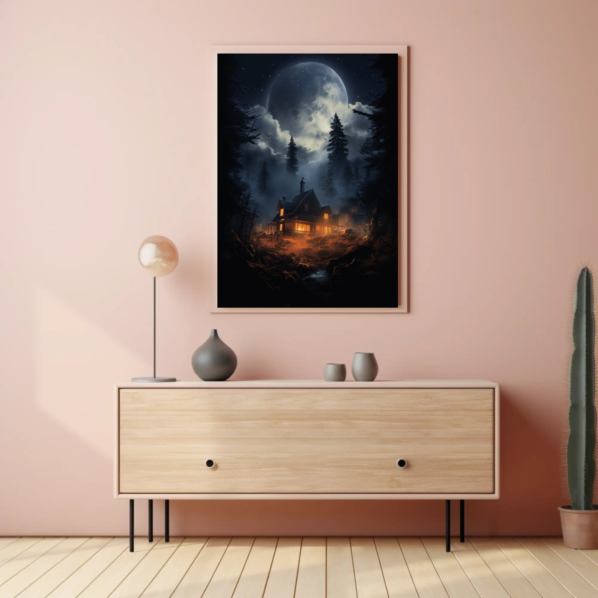 Moonlit Cabin In The Woods Poster