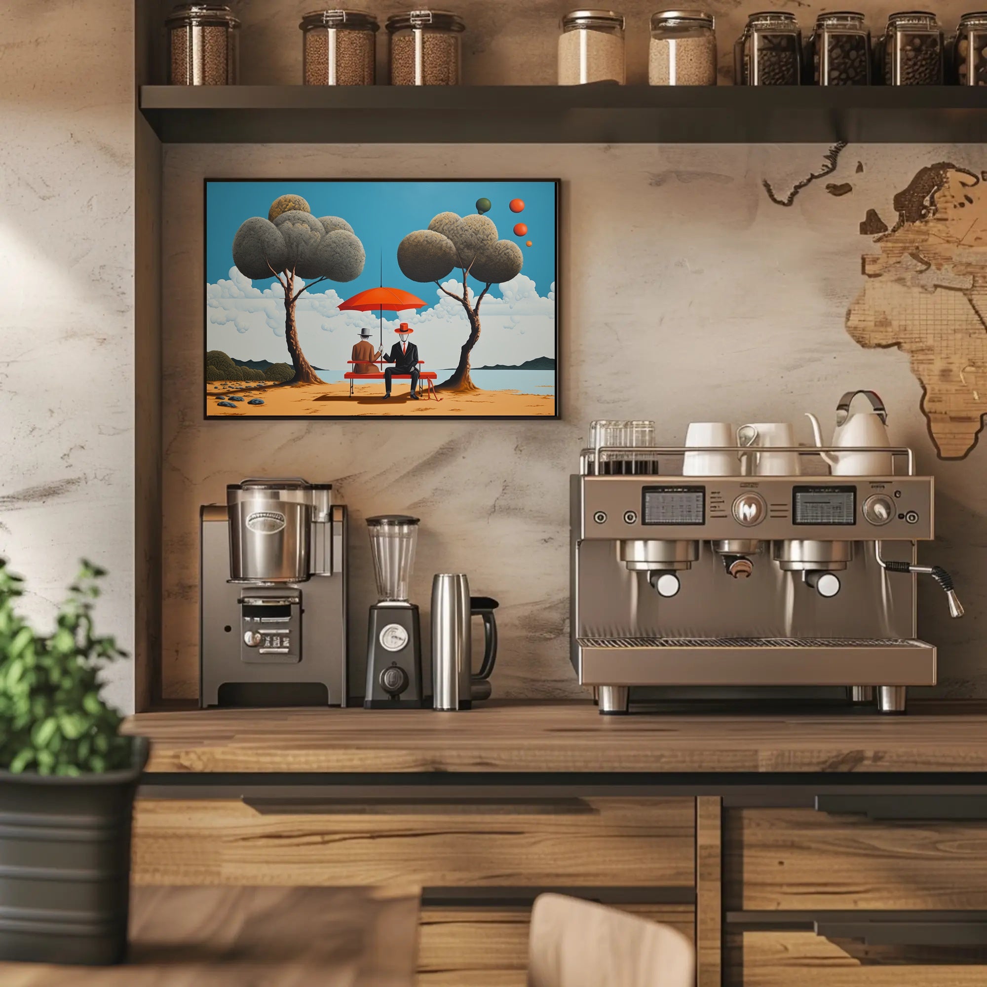 Whimsical Outdoor Scene with Suited Figures - Artistic Poster