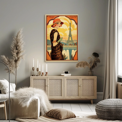 Paris Eiffel Tower Art Deco Lady Fashion Travel Poster