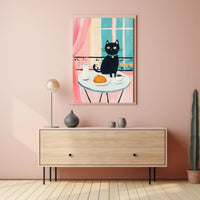 Black Cat Breakfast Poster Charming Morning Wall Art