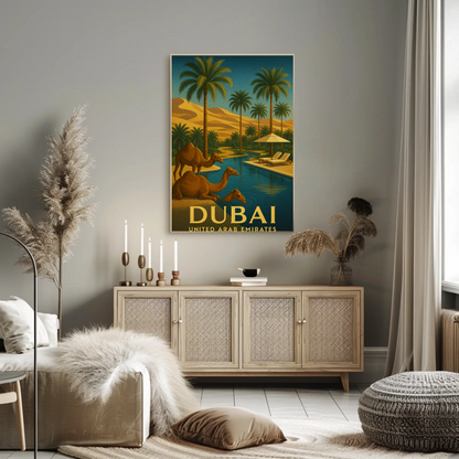 Dubai Desert Luxury Camels Pool Palms Oasis Poster