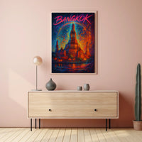 This vibrant poster art depicts an iconic temple in Bangkok, Thailand, likely the Travel Poster