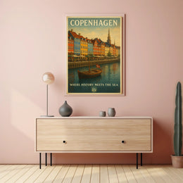 Copenhagen Waterfront Nyhavn Vintage Travel Scene Poster