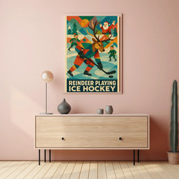 Reindeer Playing Ice Hockey Poster