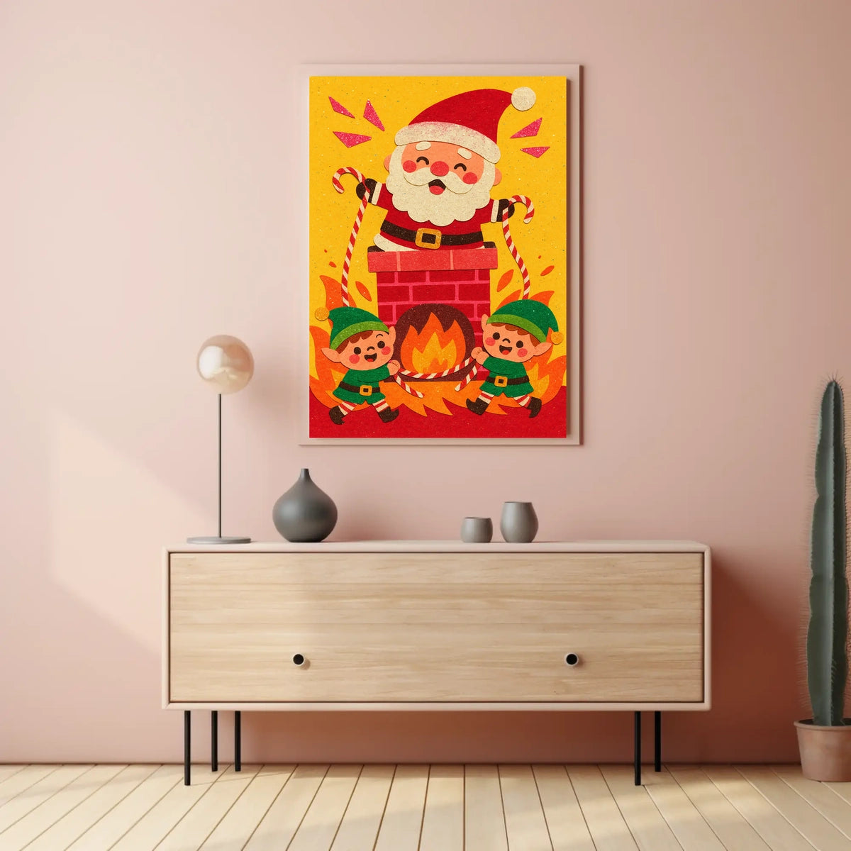 This whimsical poster depicts a festive Christmas scene with Santa Claus and two Travel Poster