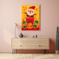 This whimsical poster depicts a festive Christmas scene with Santa Claus and two Travel Poster