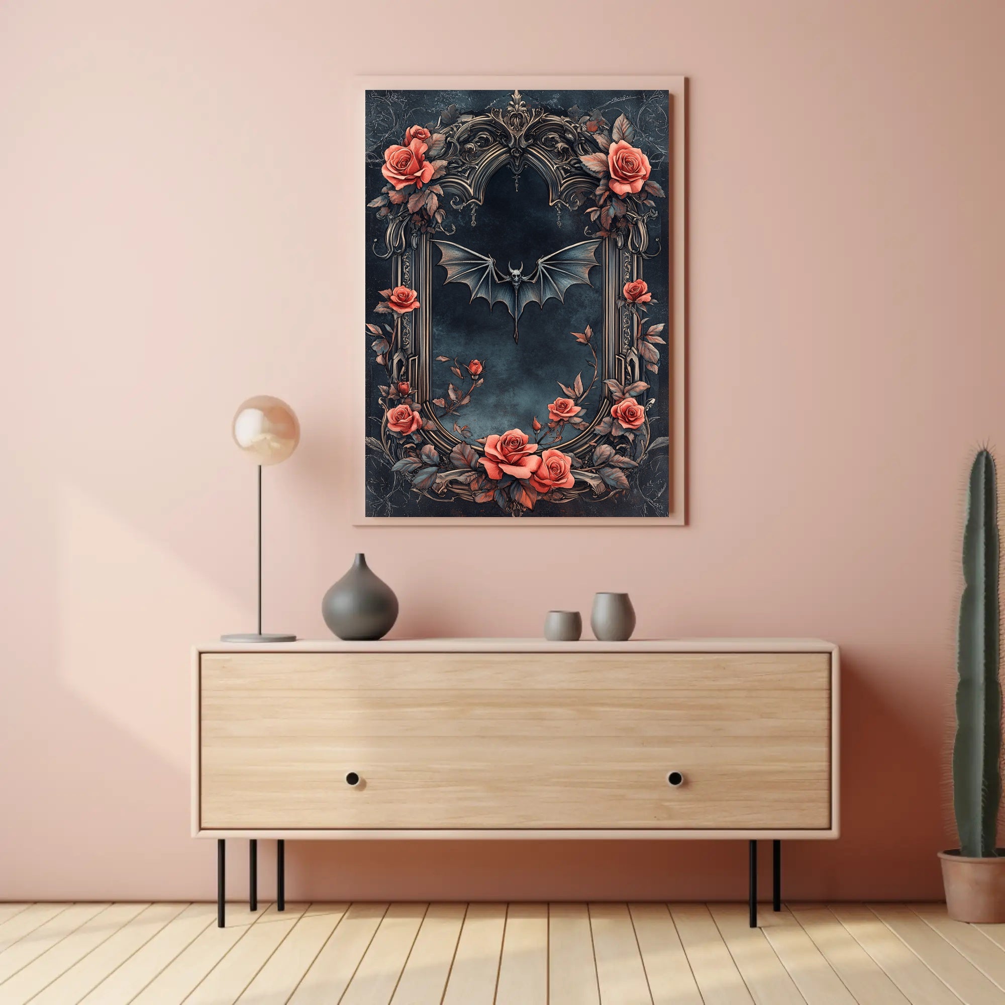 Gothic Elegance With Roses And Bat Poster