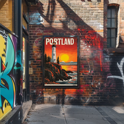 Portland Vintage Poster - Lighthouse at Sunset