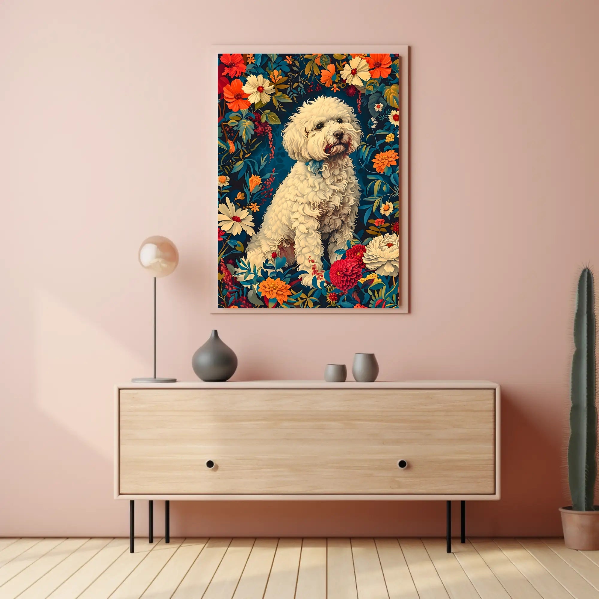Fluffy Dog in Flower Garden Animal Poster