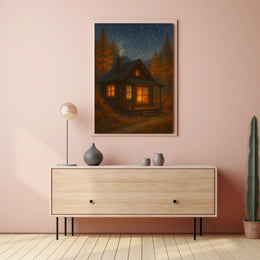 Serene Autumn Night Log Cabin Impressionism Digital Painting Starry Sky Cozy Hearth Poster