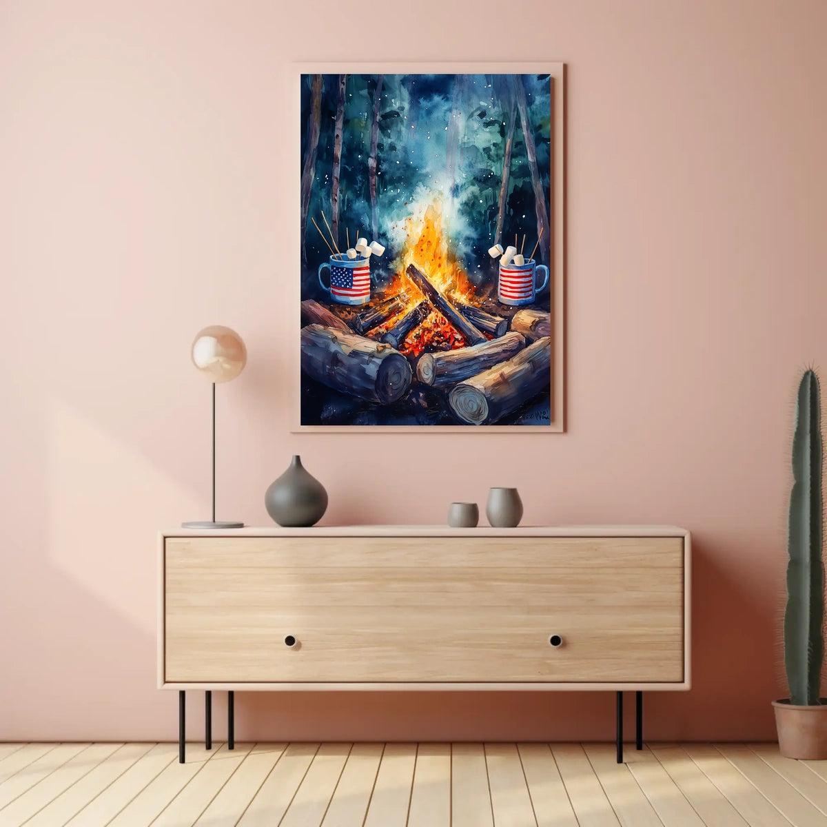 Cozy Campfire Night With American Flag Mugs Outdoor Poster
