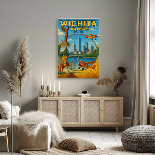 Wichita Kansas Skyline Airplane River Horse Poster Poster