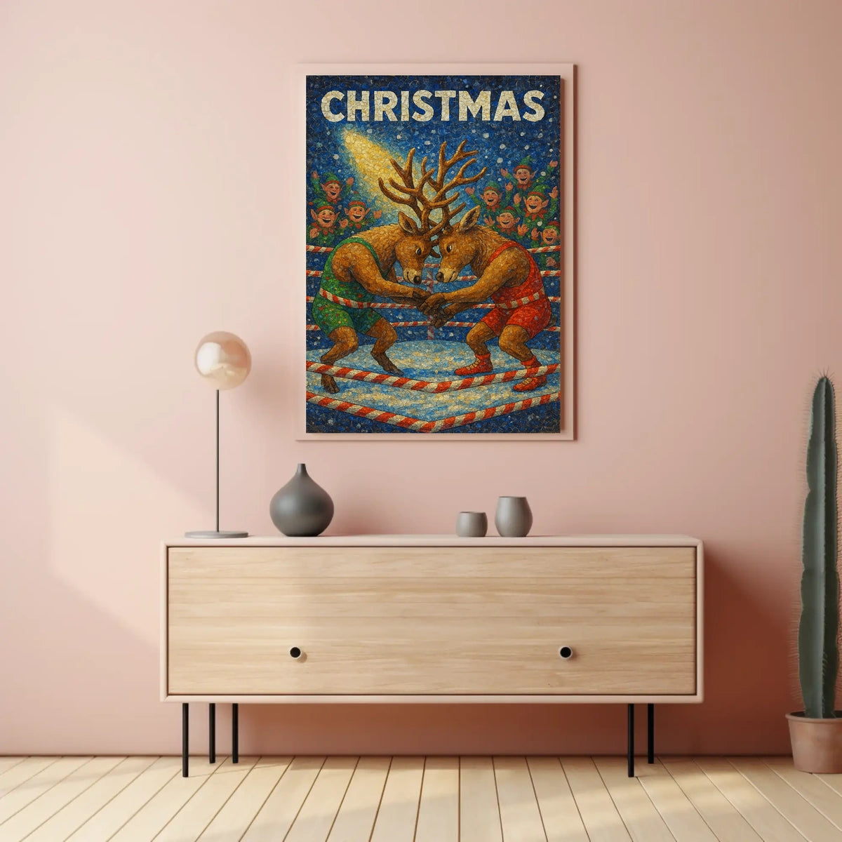 Christmas Wrestling Reindeer: Whimsical Holiday Fantasy Poster