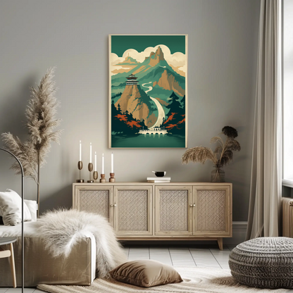 Chinese Mountain Temple Path Scenic View Travel Poster