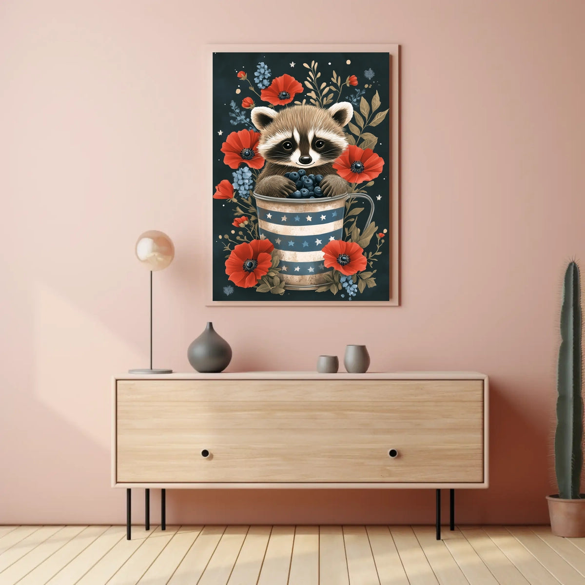 raccoon sitting inside a metal watering can Poster