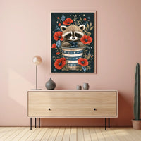 raccoon sitting inside a metal watering can Poster