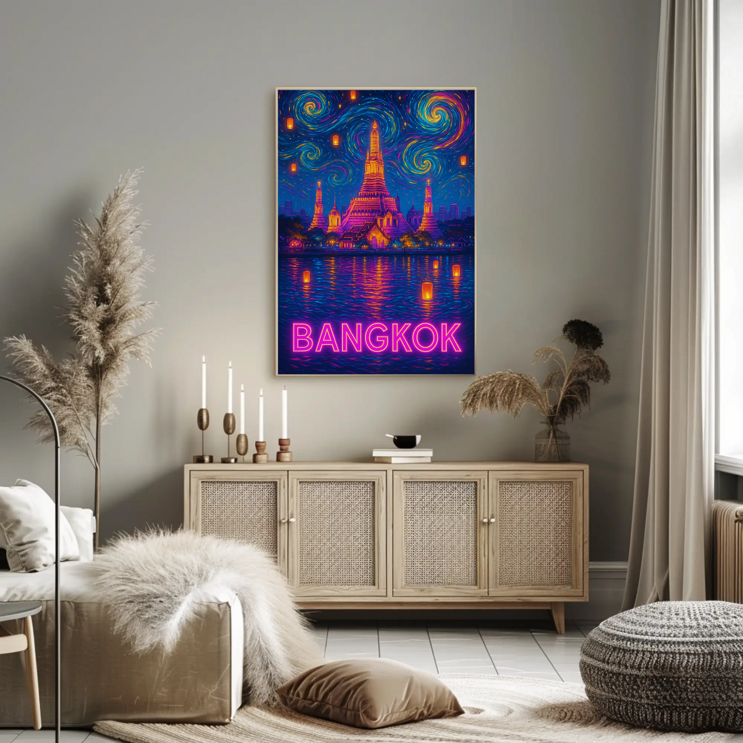 Bangkok Neon Temple Night Travel Poster