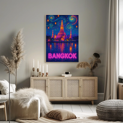 Bangkok Neon Temple Night Travel Poster