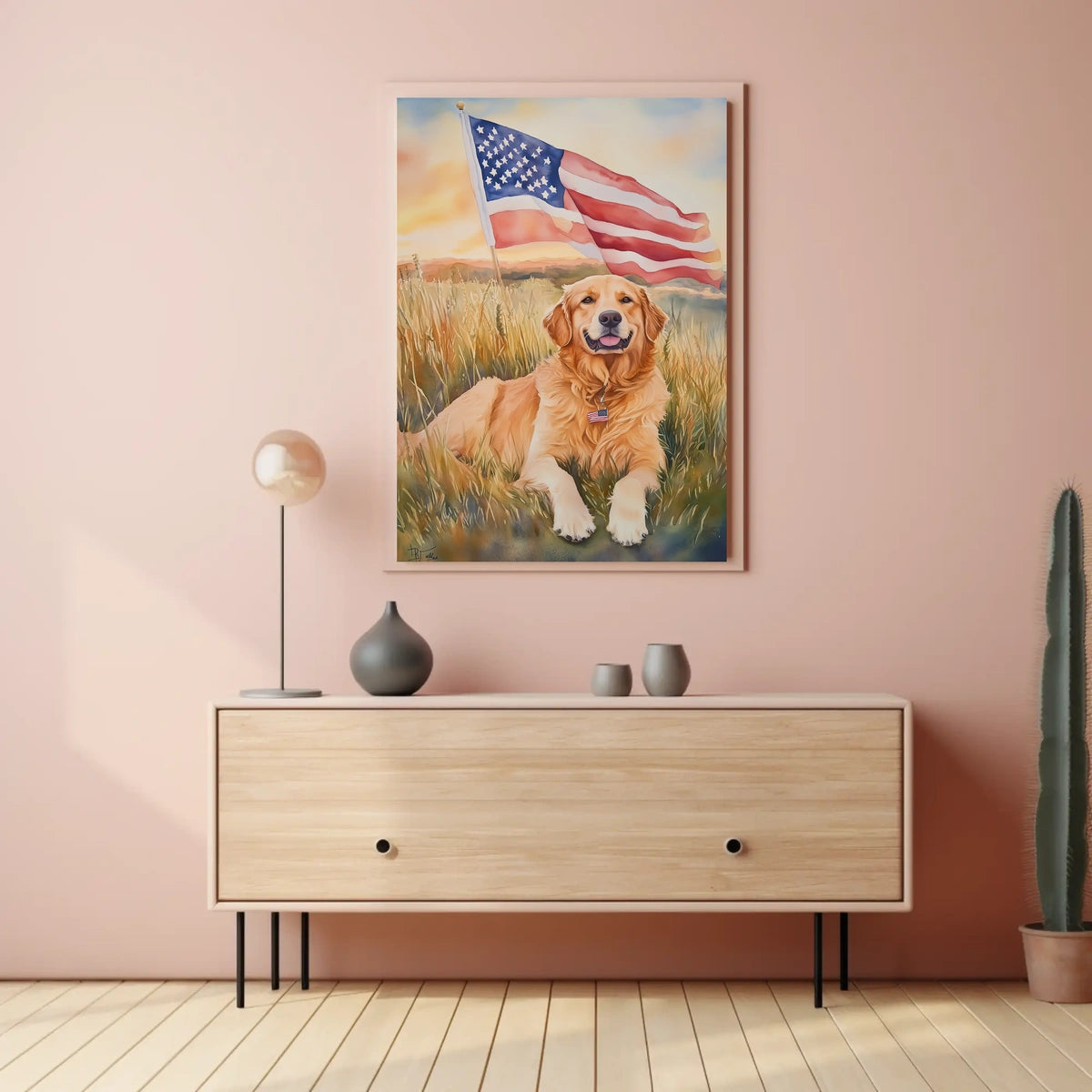 Golden Retriever Lying In Sunset Field Portrait Poster