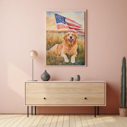 Golden Retriever Lying In Sunset Field Portrait Poster