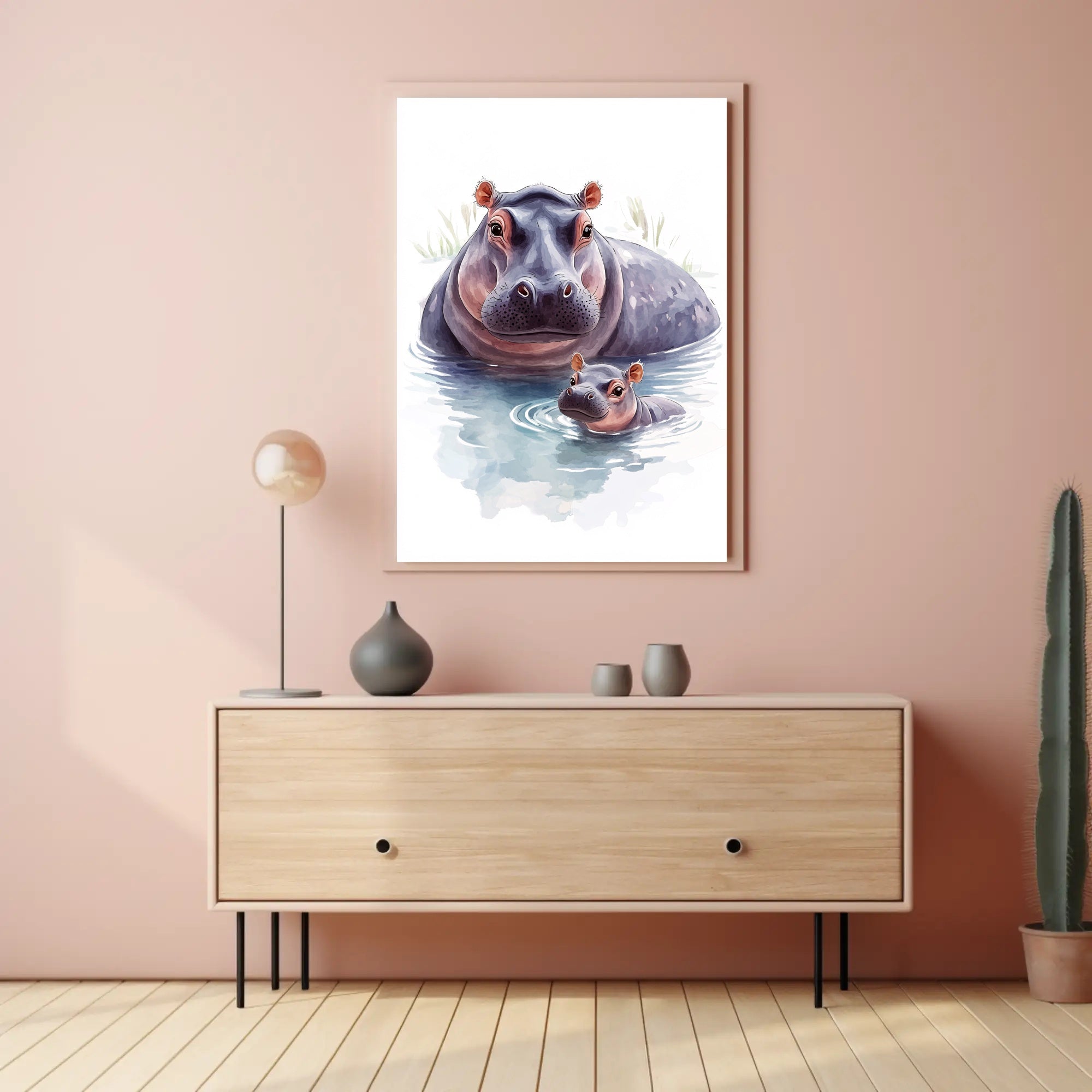 Mother and Baby Hippopotamus Digital Animal Poster