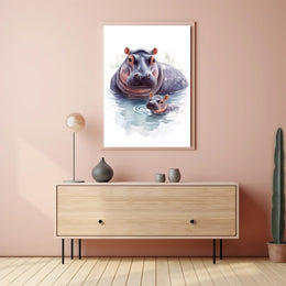 Mother and Baby Hippopotamus Digital Animal Poster