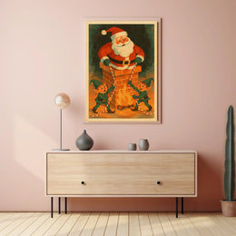 Whimsical Vintage Christmas Poster with Santa and Elves