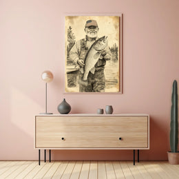 Vintage Style Fisherman Holding Large Bass Rustic Poster