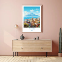 Naples Architecture with Mount Vesuvius Travel Poster