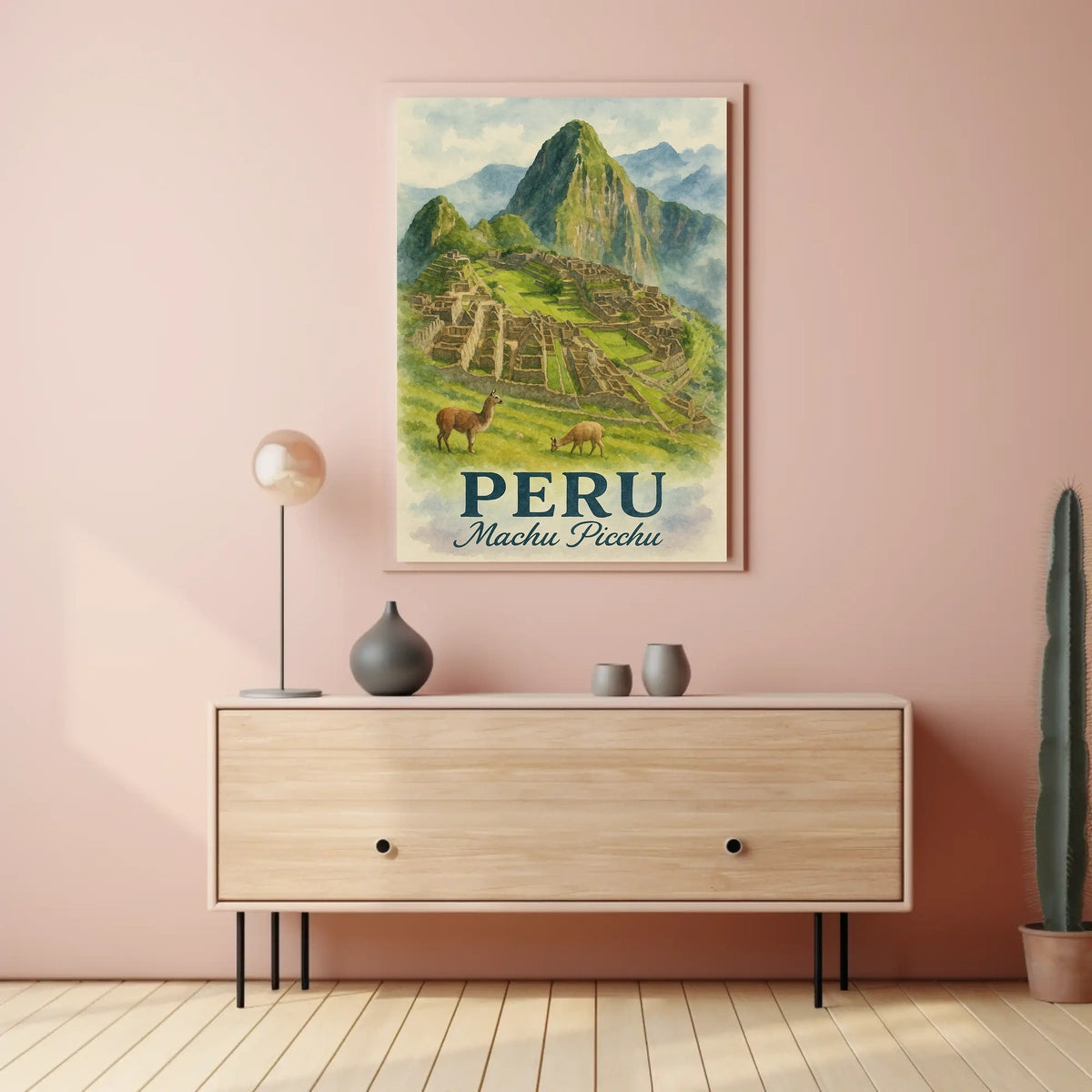 Machu Picchu Vintage Travel Poster with Llamas