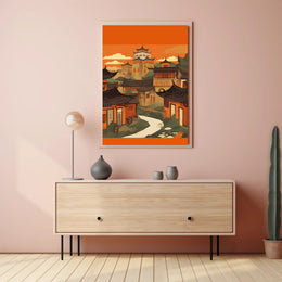 Tranquil Village at Sunset Poster